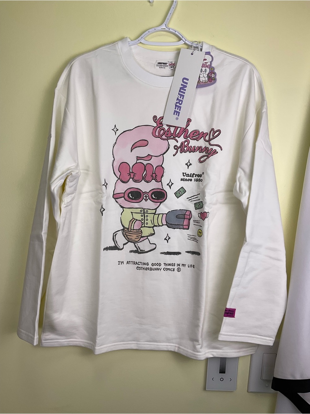 Unifree Lightweight White Sweatshirt with Pink Esther Bunny Graphic